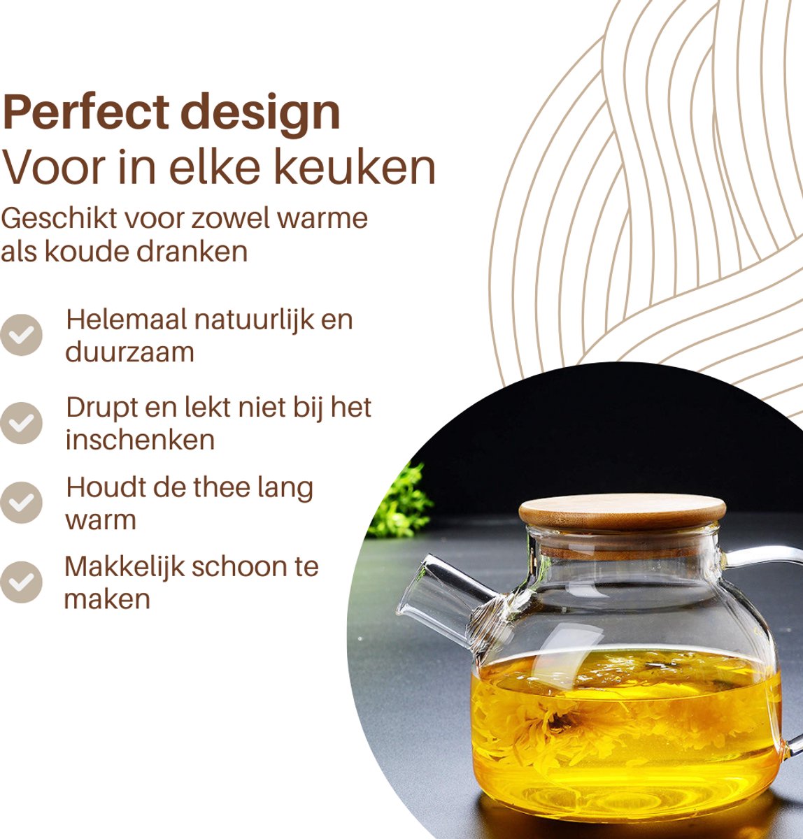 GREENKY® Glazen theepot met filter en bamboe deksel
