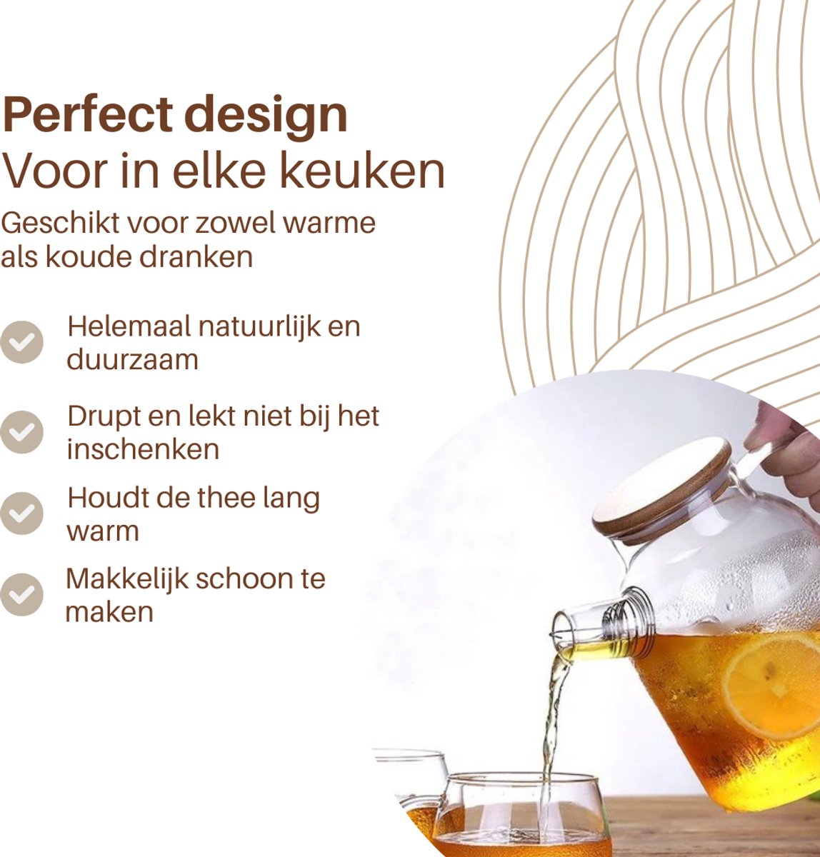 GREENKY® Glazen theepot met filter en bamboe deksel