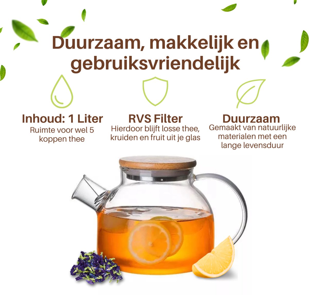 GREENKY® Glazen theepot met filter en bamboe deksel