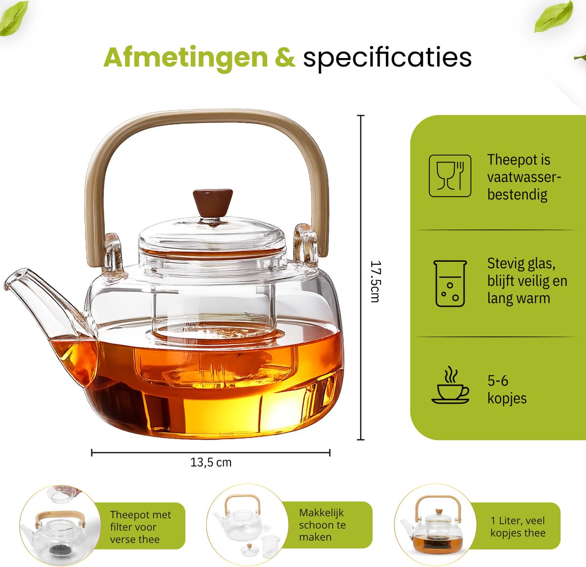 GREENKY® Glazen theepot met filter en bamboe Hengsel