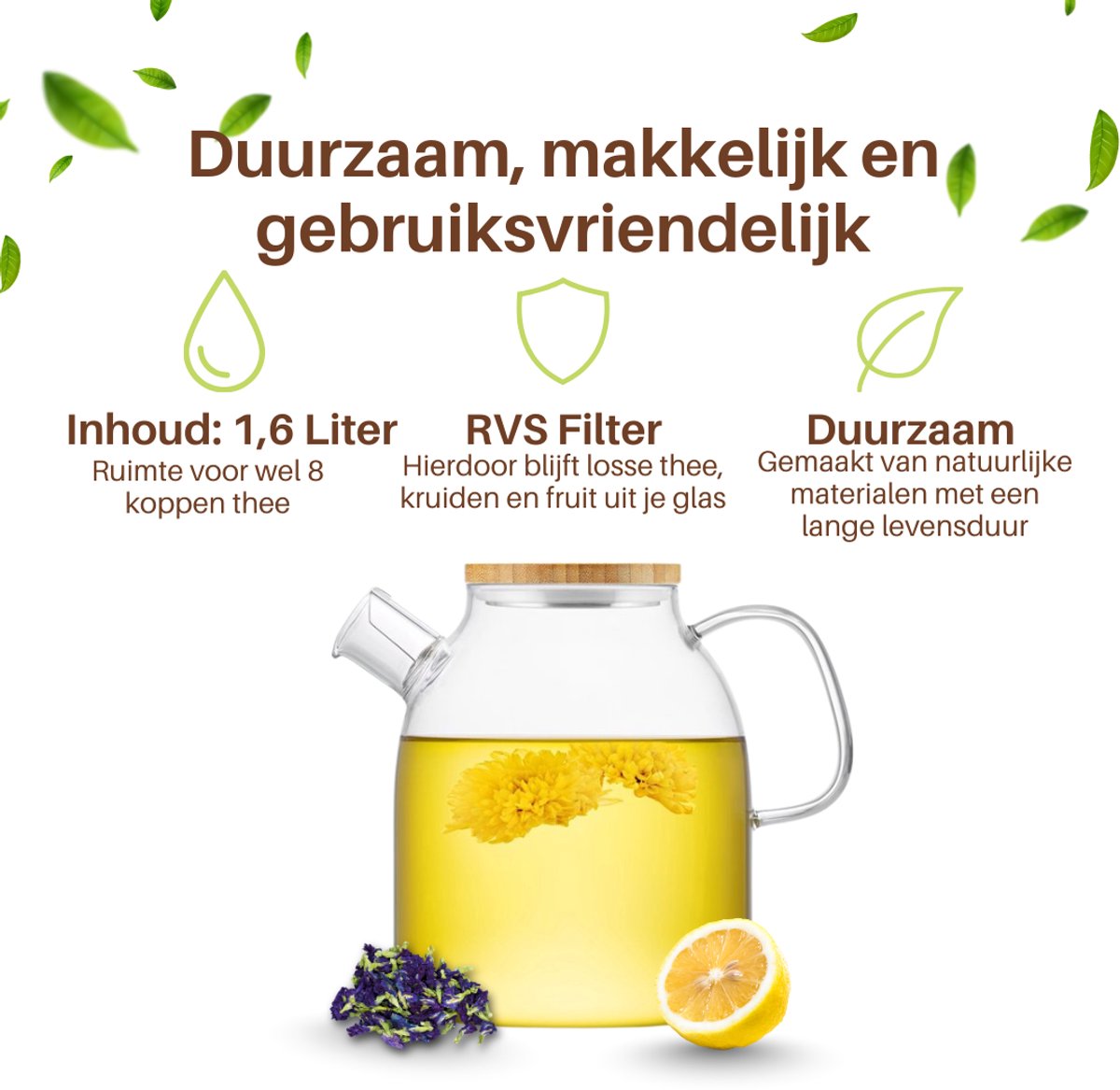 GREENKY® Glazen theepot met filter en bamboe deksel