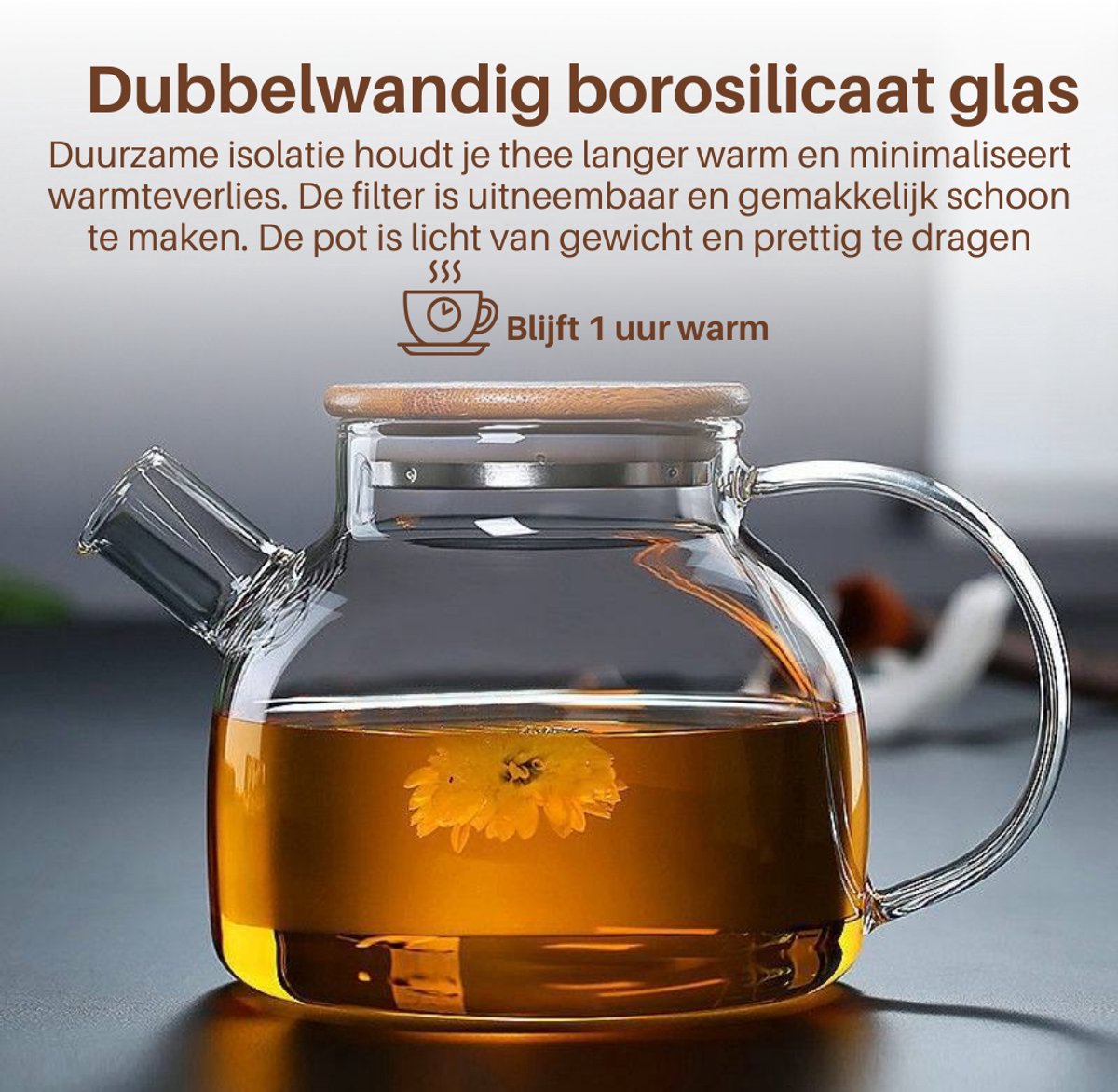 GREENKY® Glazen theepot met filter en bamboe deksel