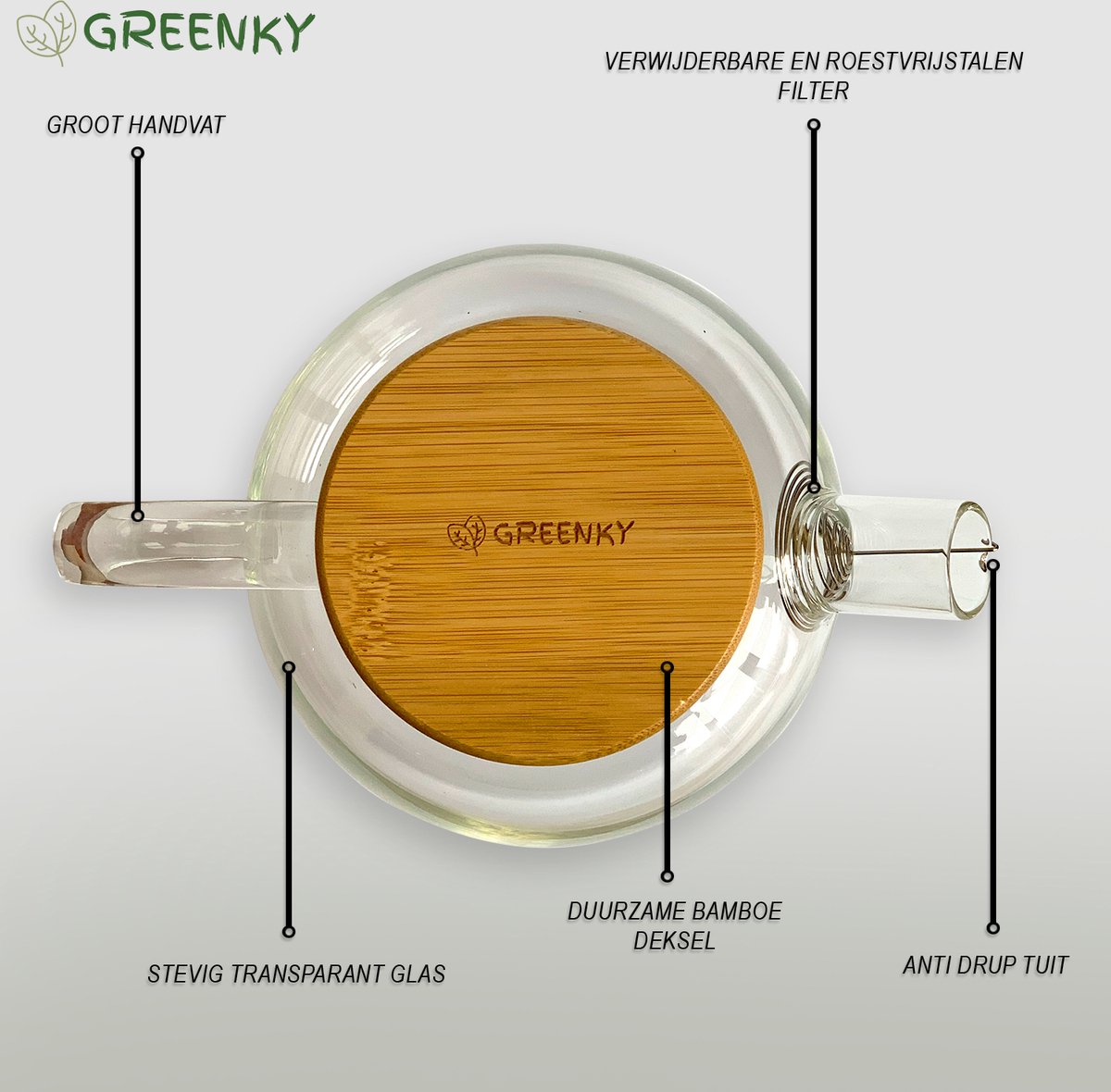 GREENKY® Glazen theepot met filter en bamboe deksel