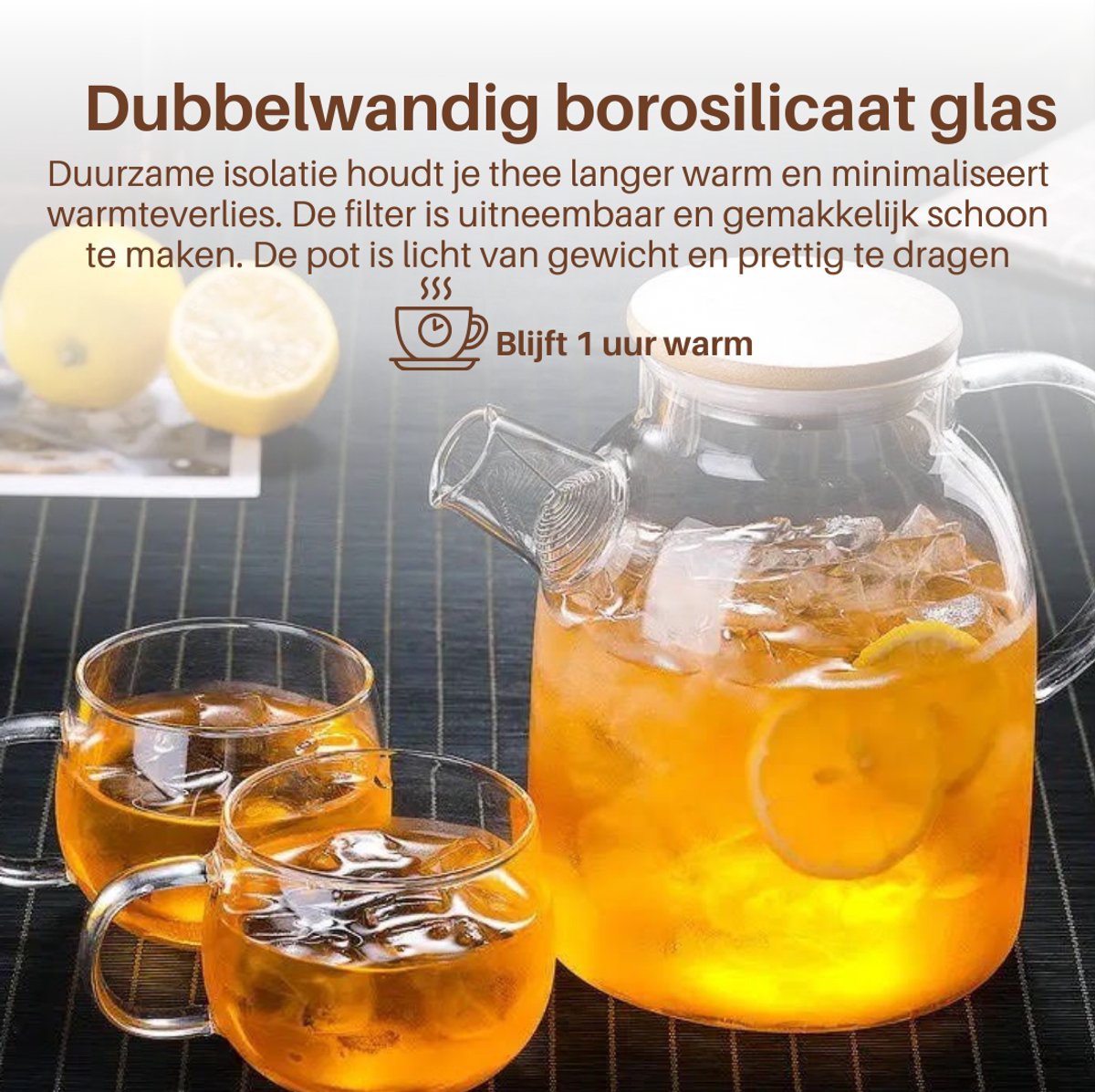 GREENKY® Glazen theepot met filter en bamboe deksel