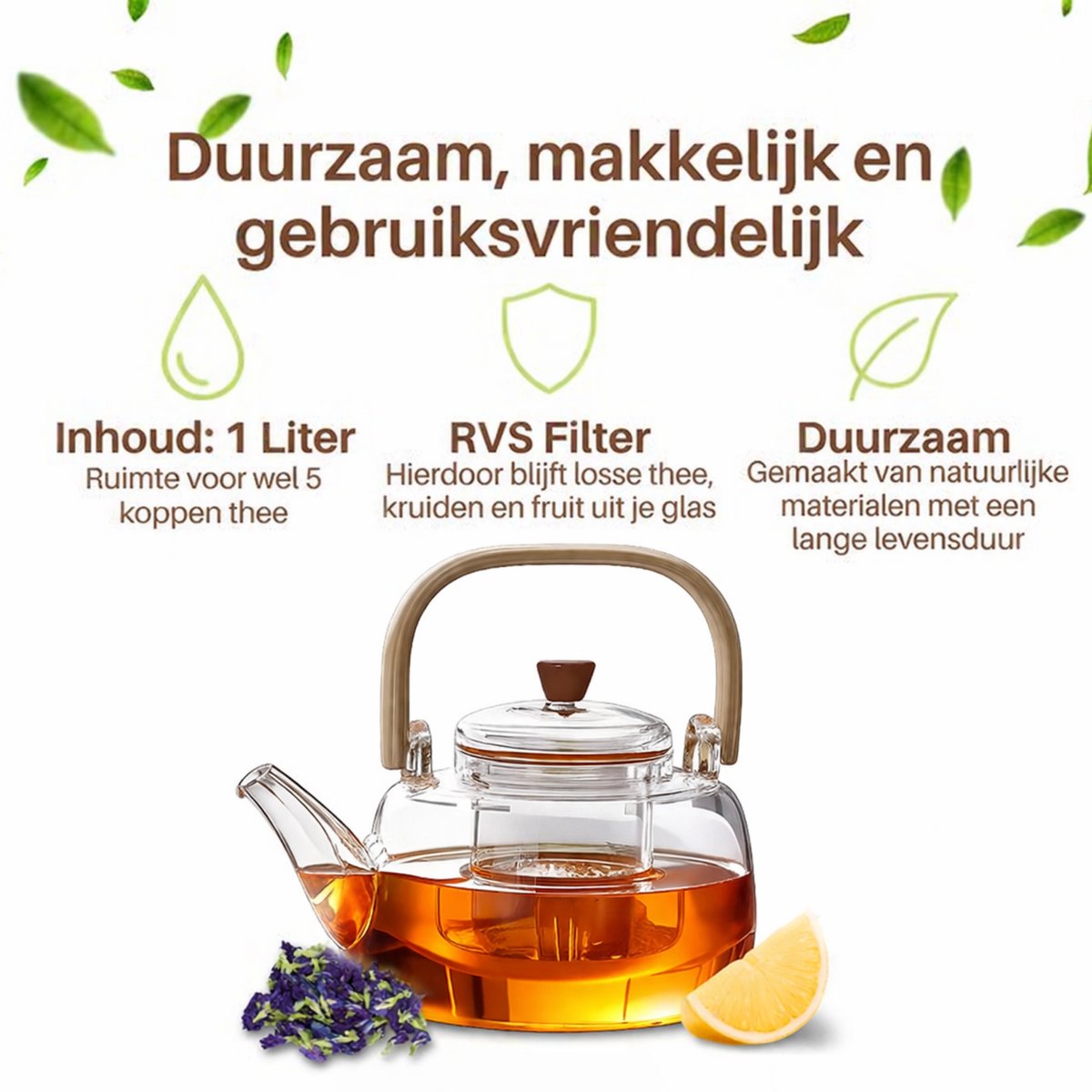 GREENKY® Glazen theepot met filter en bamboe Hengsel