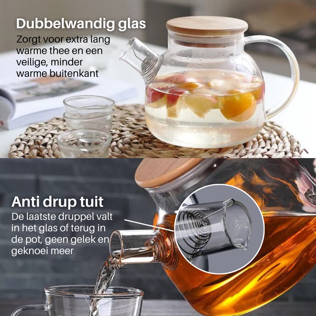 GREENKY® Glazen theepot met filter en bamboe deksel