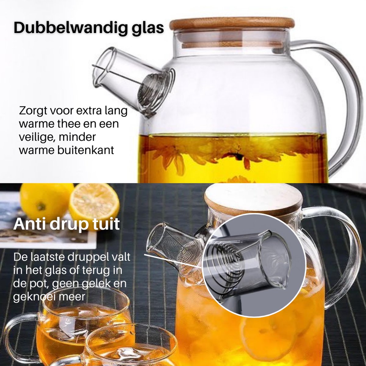 GREENKY® Glazen theepot met filter en bamboe deksel