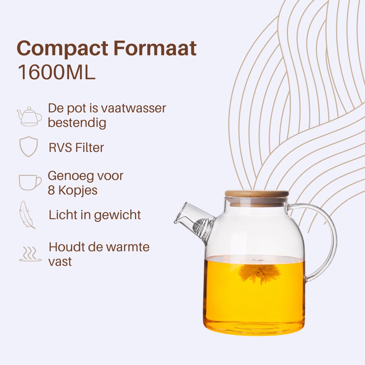 GREENKY® Glazen theepot met filter en bamboe deksel