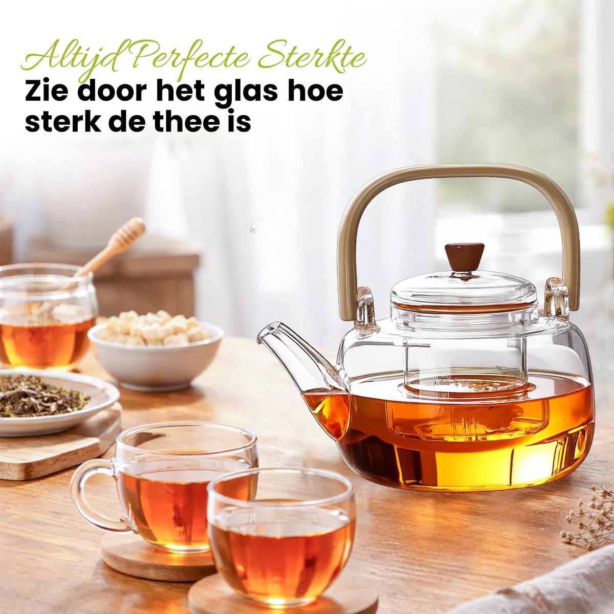 GREENKY® Glazen theepot met filter en bamboe Hengsel