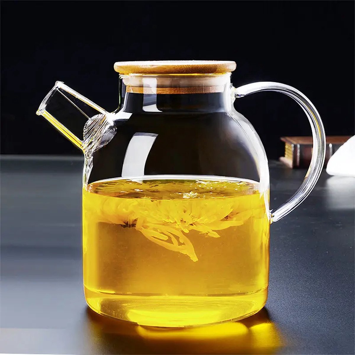GREENKY® Glazen theepot met filter en bamboe deksel