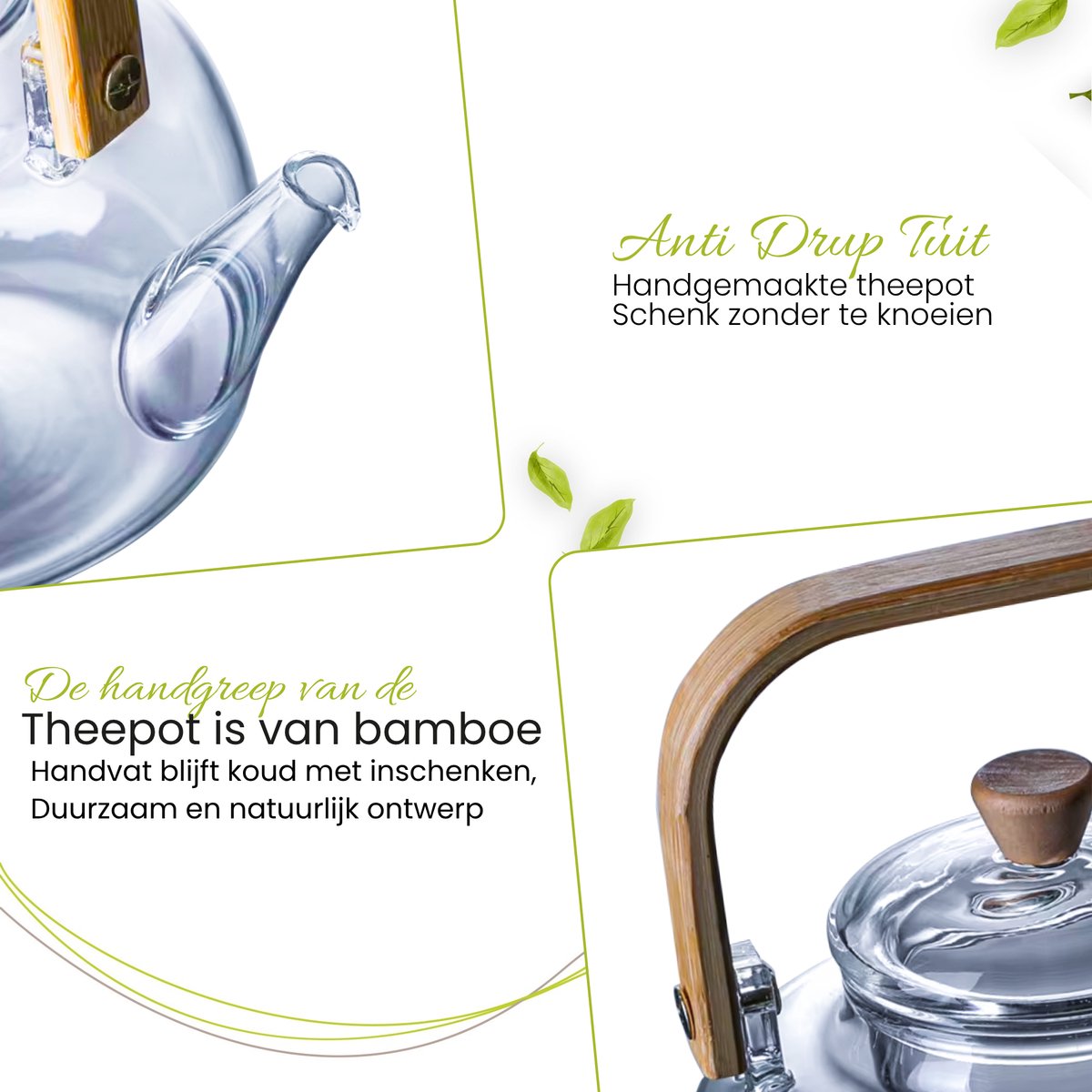 GREENKY® Glazen theepot met filter en bamboe Hengsel