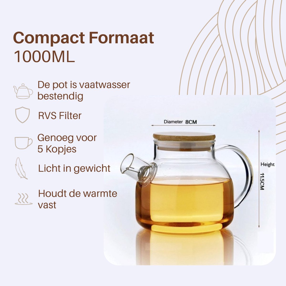 GREENKY® Glazen theepot met filter en bamboe deksel