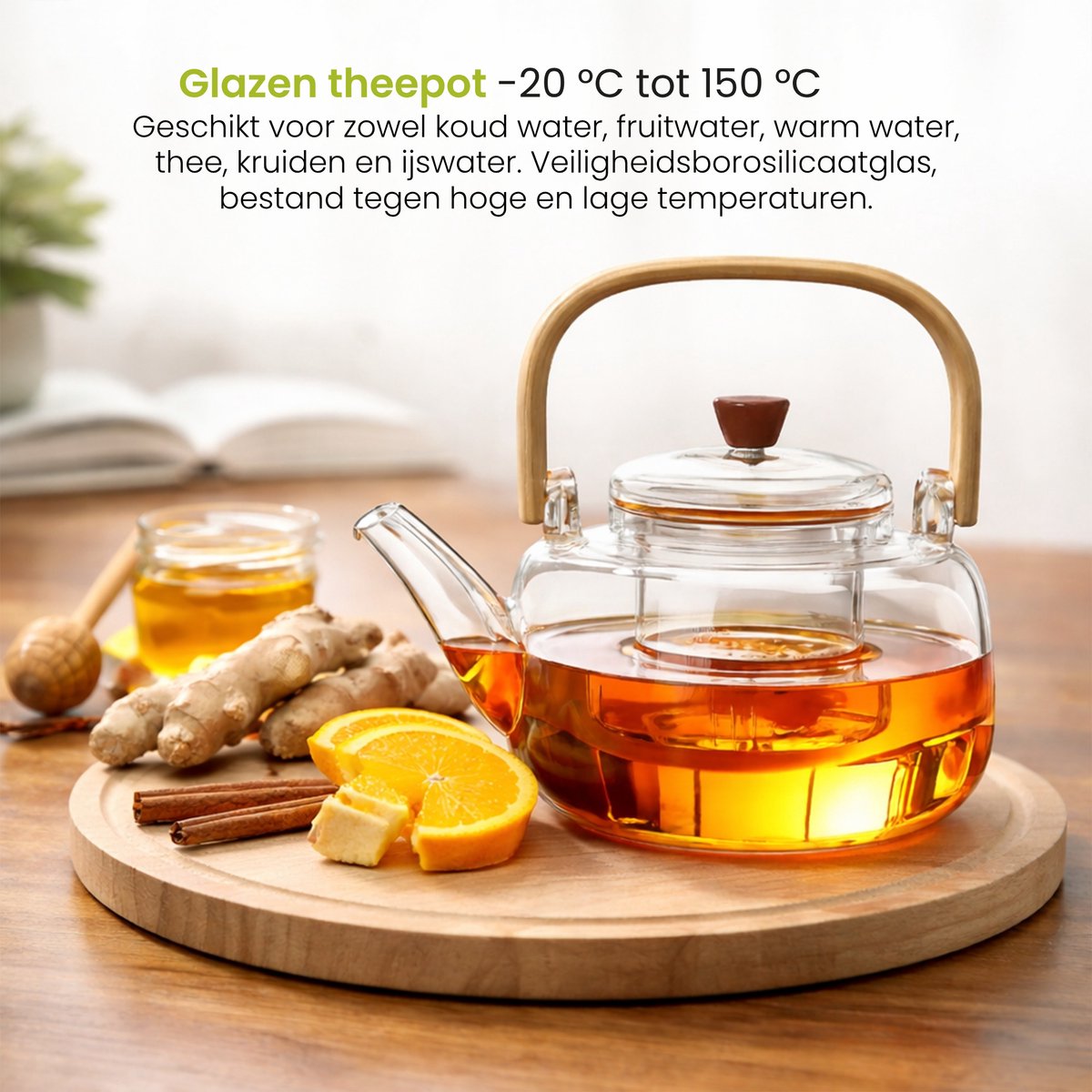 GREENKY® Glazen theepot met filter en bamboe Hengsel