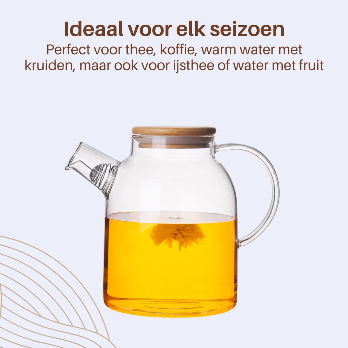 GREENKY® Glazen theepot met filter en bamboe deksel