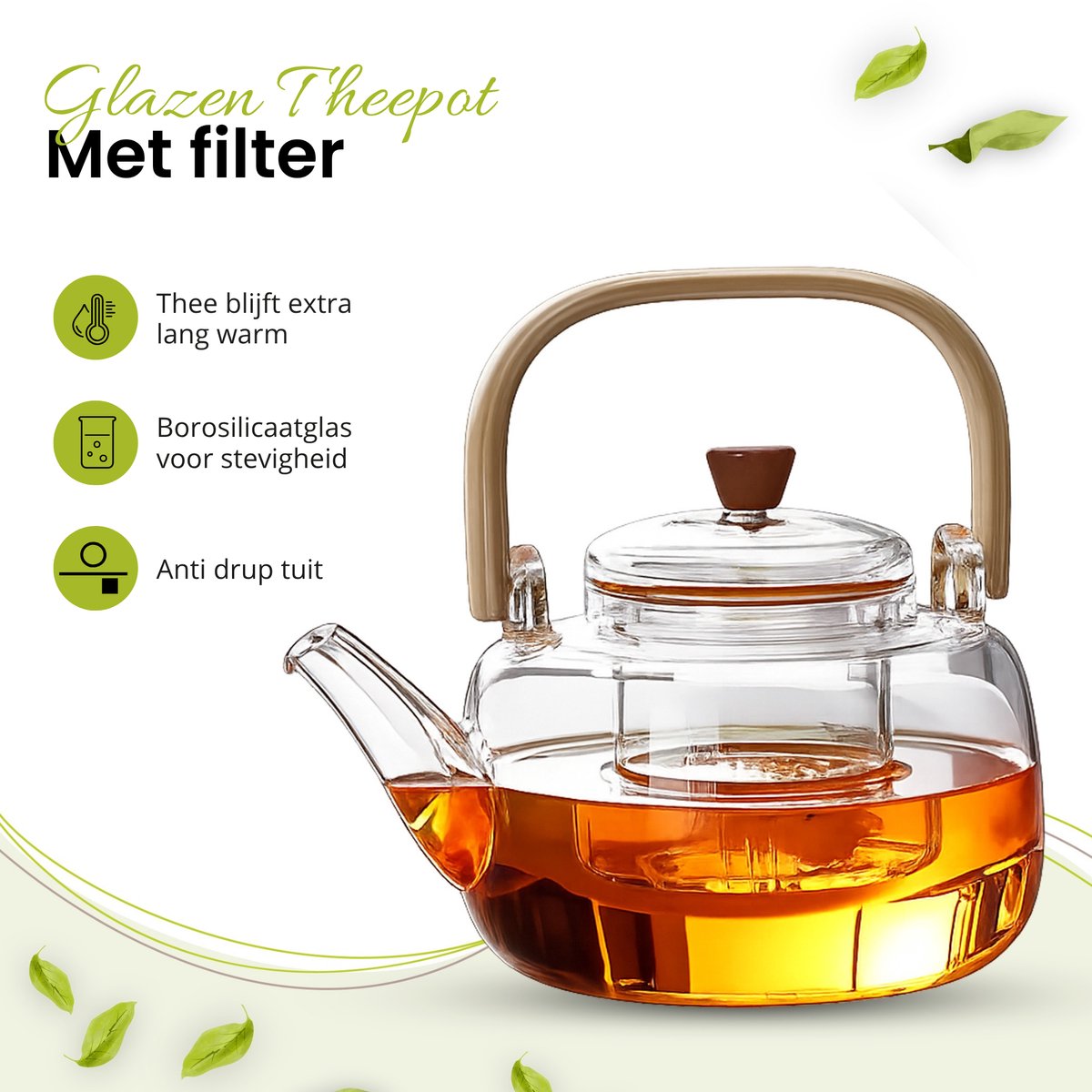 GREENKY® Glazen theepot met filter en bamboe Hengsel